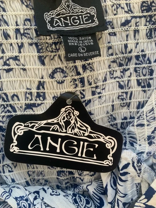 Angie Blue & White Floral Boho Mini Dress Smocked Back Cottagecore Summer Large - Picture 3 of 4